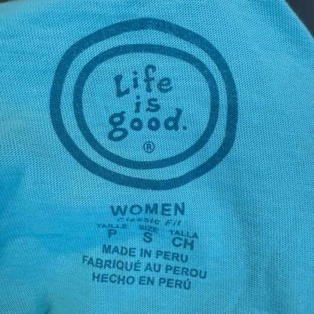 Life is Good Women's Sz S Short Sleeve T Shirt Teal Tubby Time PTP 18" - Picture 3 of 5